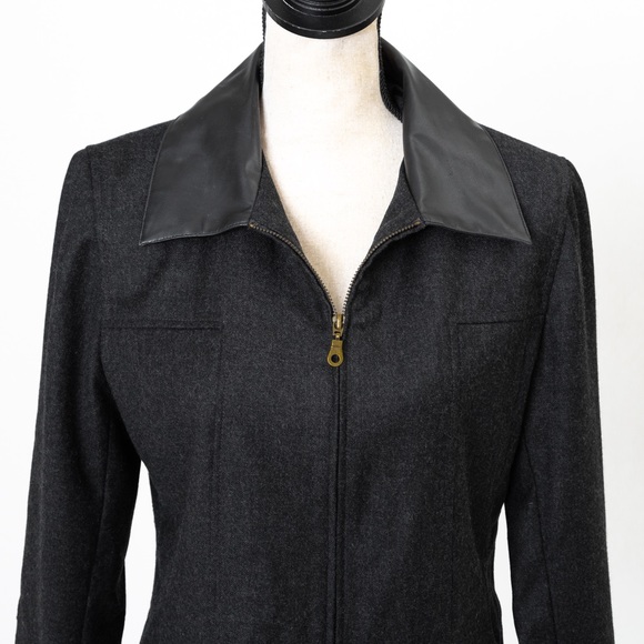 Sandro 100% wool black charcoal zipper front jacket with faux leather collar 10 - Picture 5 of 14